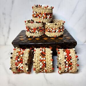 Vintage Mid-Century Macrame Beaded Jute Napkin Rings Set of 6 | Boho Table Decor